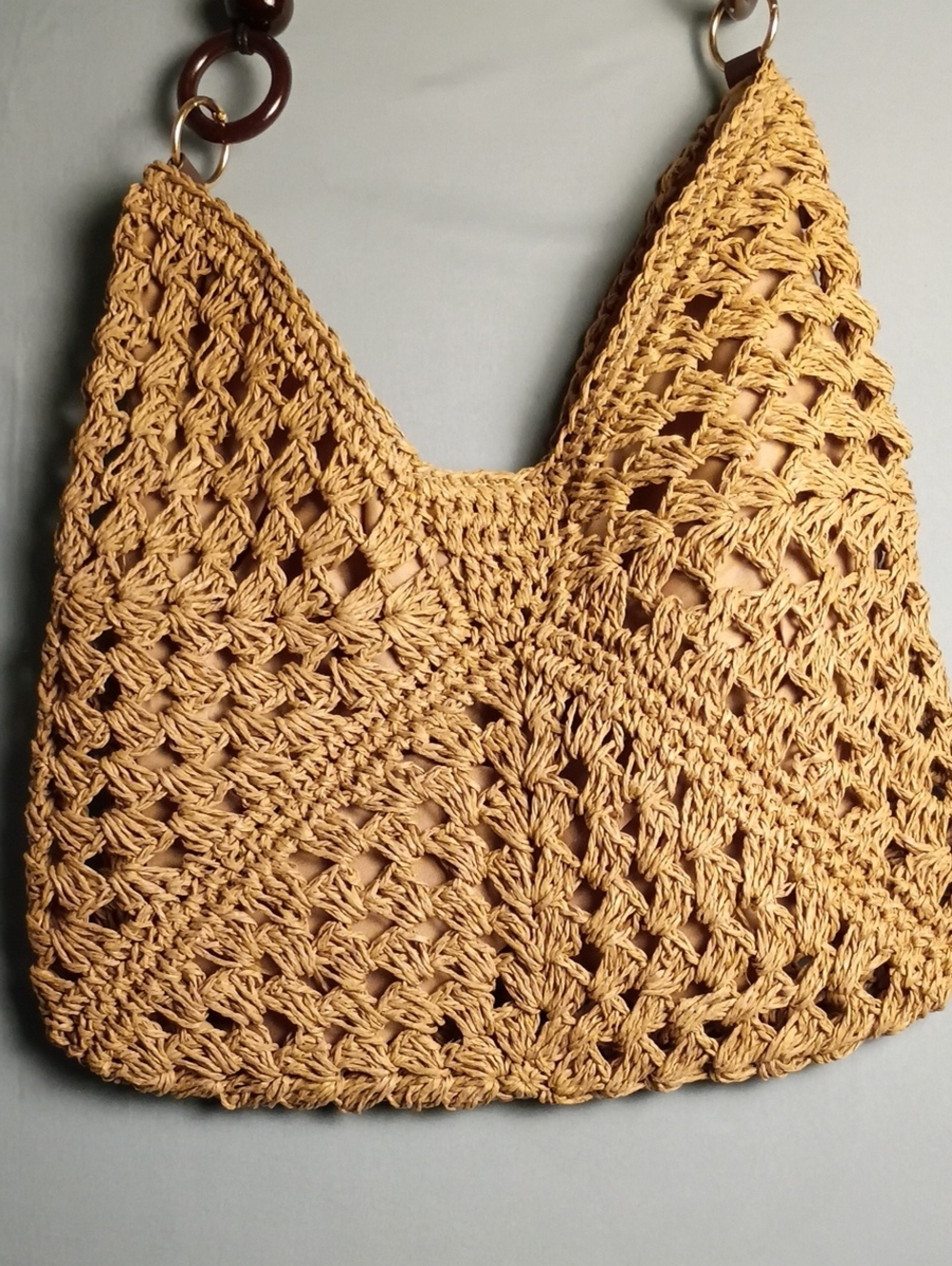 Handcrafted Crochet Shoulder Bag with Beaded Handle - Tan - Picture 3 of 4